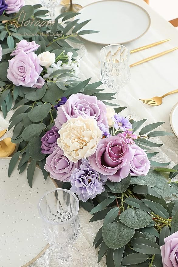 Floroom 6ft Artificial Eucalyptus Garland with Flowers Fake Greenery Faux Floral Vine Garland for Table Decor Wedding Centerpieces Bridal Shower Party Decorations, Lilac & Lavender