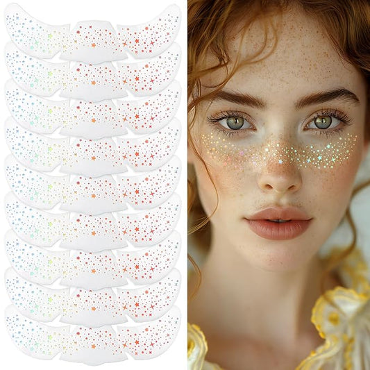 16pcs Star Freckles Temporary Tattoos, Cute Face Freckles Glitter, Waterproof Face Glitter Tattoo for Women Christmas Festival Rave Prom(Holographic Multicolor)