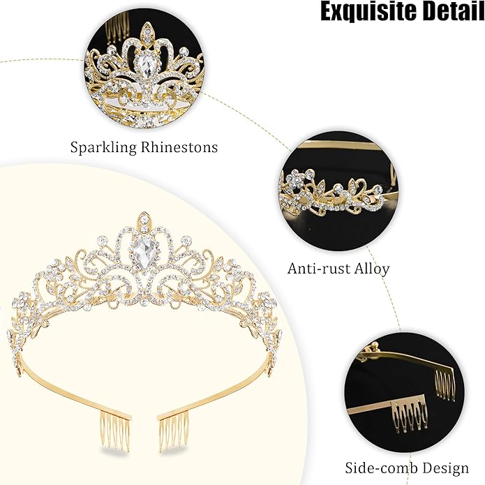 TAROSE Crowns for Women and Girls, Queen Crystal Gold Silver Tiaras with White Rhinestone and Combs, Goddess Crown for Wedding Bride Birthday Princess Bridal Shower Hair Accessories for Women