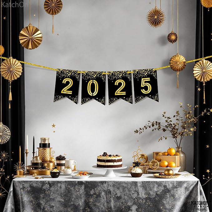 Katchon, Shiny Graduation 2025 Banner - Large 10 Feet, No DIY | Happy Graduation Banner 2025, Grad Decorations Class of 2025 | 2025 Sign, 2025 black gold banner | 2025 grad sign
