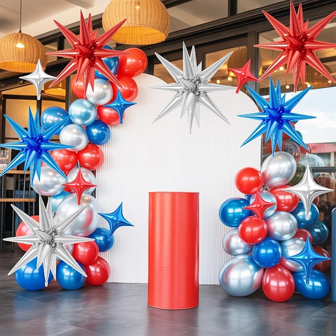 18 Pcs Blue Red Star Balloons, Silver Red and Blue Balloon with 6 Pcs 22-Inch Explosion Star Balloons 12Pcs 10-Inch Four Pointed Stars Foil Balloon for Graduation Baby Shower Birthday Party Decor