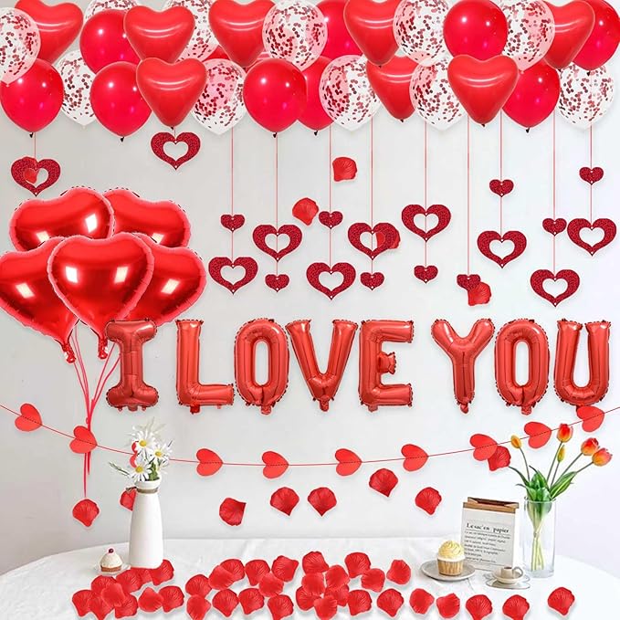 Valentine's Day Decorations 2 Set Red I LOVE YOU Balloons - 1200pcs Red Artificial Rose Petals 16" Letter Balloons 18" Heart Foil Balloons Latex balloons 10 heart balloons Hanging Swirls Heart Banner