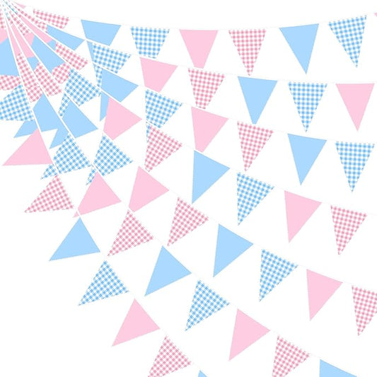 32Ft Pink Blue Gingham Party Decorations Blue Pink Gingham Fabric Triangle Banner Flag Plaid Pennant Garland Streamer for Gender Reveal Birthday Boy or Girl Baby Shower He or She Party Decor Supplies