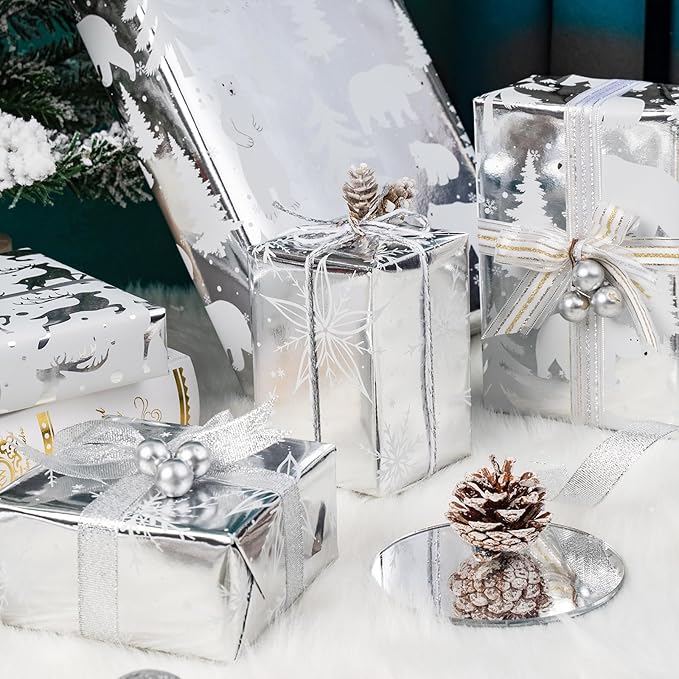MAYPLUSS Christmas Wrapping Paper Roll - Mini Roll - 17 inch X 120 inch Per roll - Silver Bear, Snowflkes with Glitter Gold Foil Design(42.3 sq.ft.ttl)