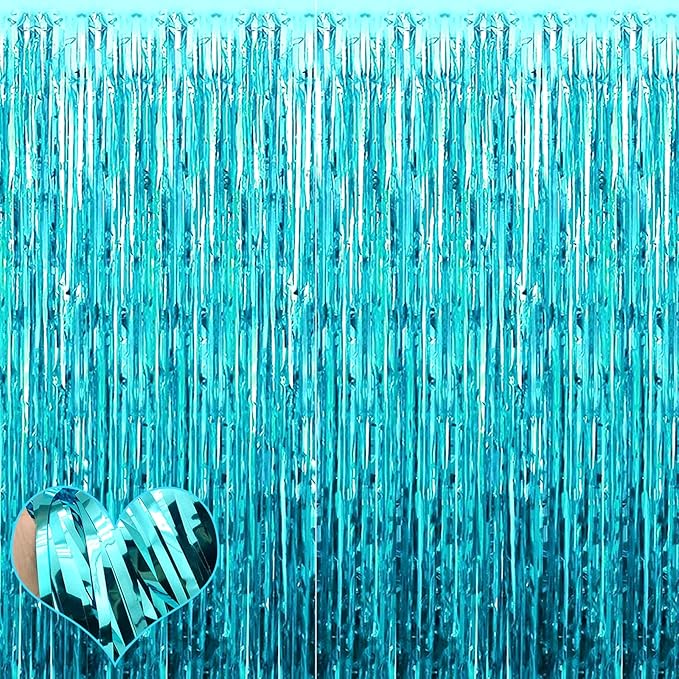 4 Pack Fringe Curtain Backdrop, 3.2Ft x 9.8Ft Blue Metallic Tinsel Foil Fringe Streamers Background for Photo Booth Birthday Wedding Baby Shower Easter Pool Ocean Underwater Party Decorations