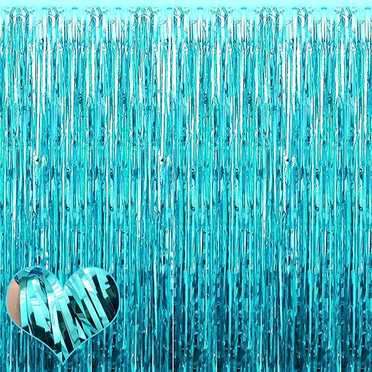 4 Pack Fringe Curtain Backdrop, 3.2Ft x 9.8Ft Blue Metallic Tinsel Foil Fringe Streamers Background for Photo Booth Birthday Wedding Baby Shower Easter Pool Ocean Underwater Party Decorations