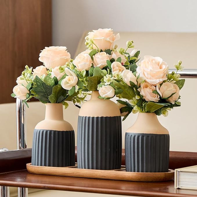 Fake Flowers with Vases and Tray - Faux Floral Arrangements Centerpiece Table Decorations for Dining Table Decor - Vase with Artificial Flowers Home Decor for Living Room Kitchen Bathroom(Matte Black)