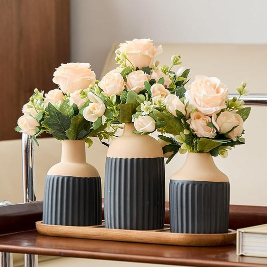 Fake Flowers with Vases and Tray - Faux Floral Arrangements Centerpiece Table Decorations for Dining Table Decor - Vase with Artificial Flowers Home Decor for Living Room Kitchen Bathroom(Matte Black)