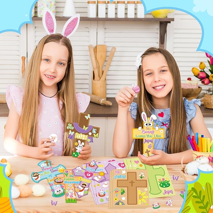 CY2SIDE Easter Cross Face Sticker - 40PCS Make Your Own Jesus He is Risen Cross Sticker Craft Game for Kids Classroom Reward DIY Easter Party Favors for Kids Christian Sunday School Activities