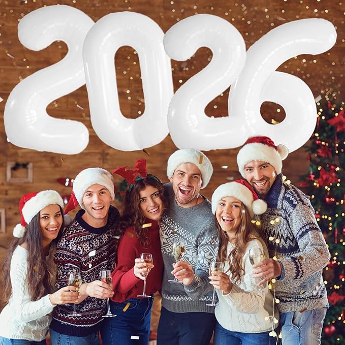 KALOR 42 Inch 2026 White Foil Mylar Number Balloons, Giant 2026 New Years Decorations for 2026 Happy New Year Eve and Graduations Party Supplies
