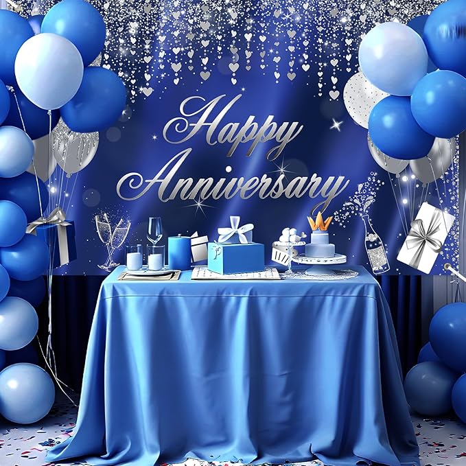 Avezano Happy Anniversary Banner Glitter Happy Anniversary Decorations for Wedding Bridal Shower Party Decorations 70.8 x 43.3 Inch (Blue and Silver)