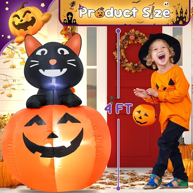 4FT Black Cat Halloween Pumpkin Inflatable Decoration Blow up Decoration with LED Lights Indoor Outdoor Yard Graden Holiday Party Decor