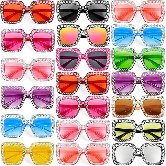 10/20 Pack Crystal Oversized Square Sunglasses Retro Diamond Glitter Sparkling Disco Glasses Party Favors
