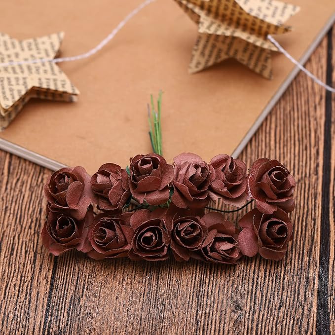 144pcs Mulberry Paper Mini Roses Artificial Flowers Heads with Stems for DIY Crafts Accessories Make Bridal Hair Clips Headbands Dress Wedding Bridal Bouquets Party Home Decor Valentine's(Coffee)