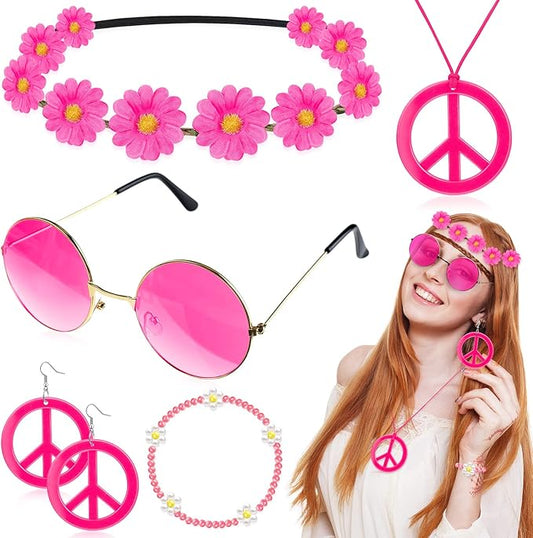 Batiyeer 6 Pcs Hippie Costume Accessories Set, Boho Peace Sign Daisy Flower 60s 70s Party Favors Decor for Groovy Party Women(Rose Red)
