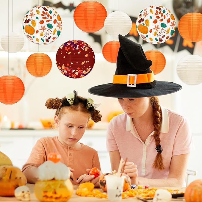 12 Pcs Fall Paper Lanterns Thanksgiving Orange Paper Lanterns Party Decorations, Maple Leaves Paper Lanterns Harvest Decorations for Autumn Birthday Party Indoor Outdoor Decor