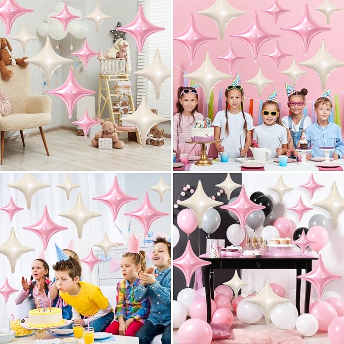 Pink White Star Balloons,12Pcs Four Angle Star Foil Balloons,26Inch and 10Inch Pink Cream White Quadrangle Helium Balloon for Birthday Baby Shower Anniversary Party Decorations