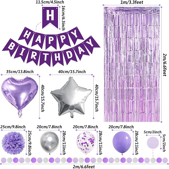 ZERODECO Purple Silver Birthday Party Decorations for Women Girls, Happy Birthday Banner Pompoms Balloon Arch Fringe Curtain Party Décor for Baby Girls Women Purple Silver Party