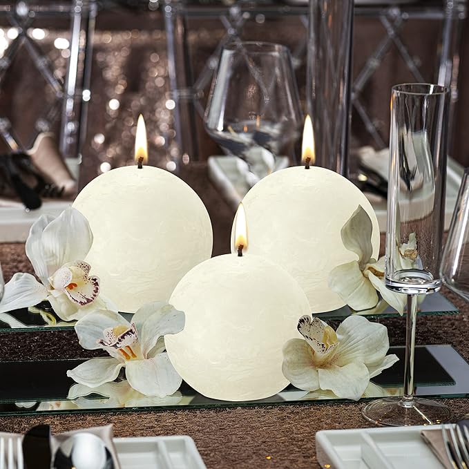 BOLSIUS 3 Pack Ivory Rustic Ball Pillar Candles - 3 Inch - Premium European Quality - Includes Natural Plant-Based Wax - Unscented 25 Hour Party Décor and Wedding Candles
