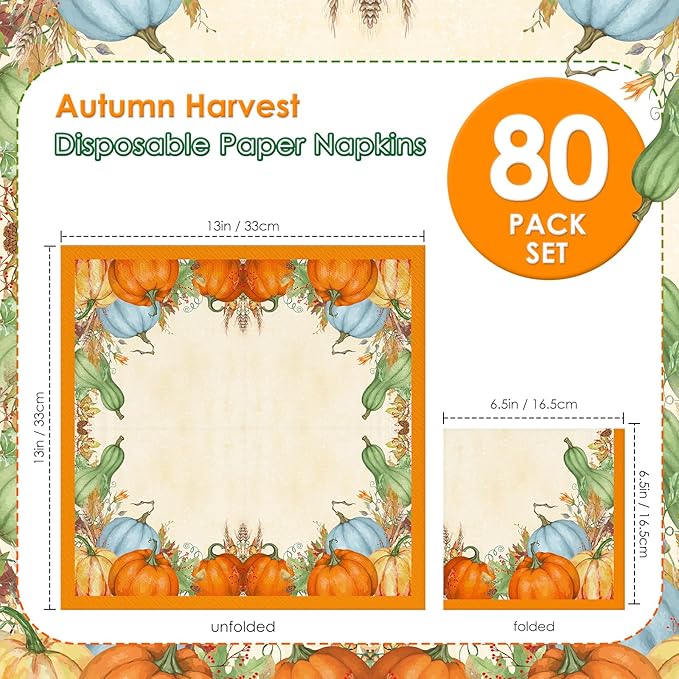 80 Thanksgiving Party Paper Napkins Disposable 13" x 13" Fall Dinner Napkins Autumn Harvest Pumpkin Luncheon Napkins
