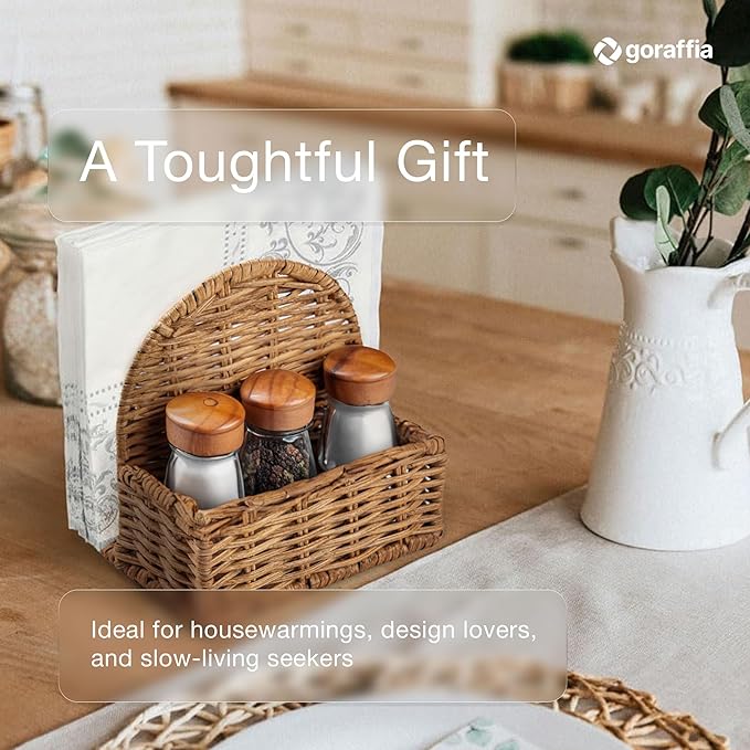 Rattan Napkin Holder with Salt & Pepper Organizer – 5.5"x5.5"x5.5" Cute Wicker Napkin Holder for Kitchen, or Dining Table, Handwoven Boho Organizer Tray (White Wash)