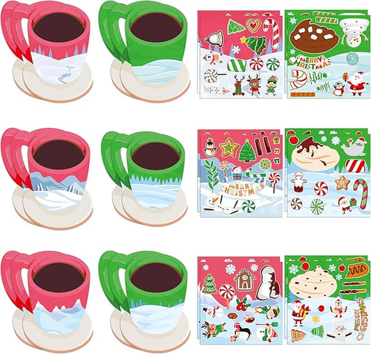 CY2SIDE 12 Set Christmas Hot Cocoa Cup Scene Sticker Art Craft for Kids, Make A Cocoa Cup Scene with Candy Sticker, DIY Xmas Party Games for School Classroom Activities