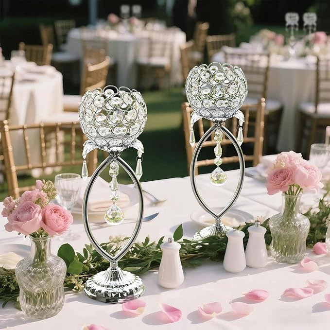 2 Pcs Silver Elegant Metal Crystal Tea Light Candle Holders with Crystal Pendants, Hollow Design - Wedding Table Centerpieces for Anniversary Birthday Party, Home Decor