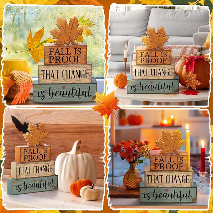 4 Pcs Thanksgiving Decoration for Home Wooden Maple Leaf Thanksgiving Table Centerpiece Fall Tiered Tray Decor Rustic Decorative Maple Leaf Block Signs Farmhouse Fall Decoration for Home