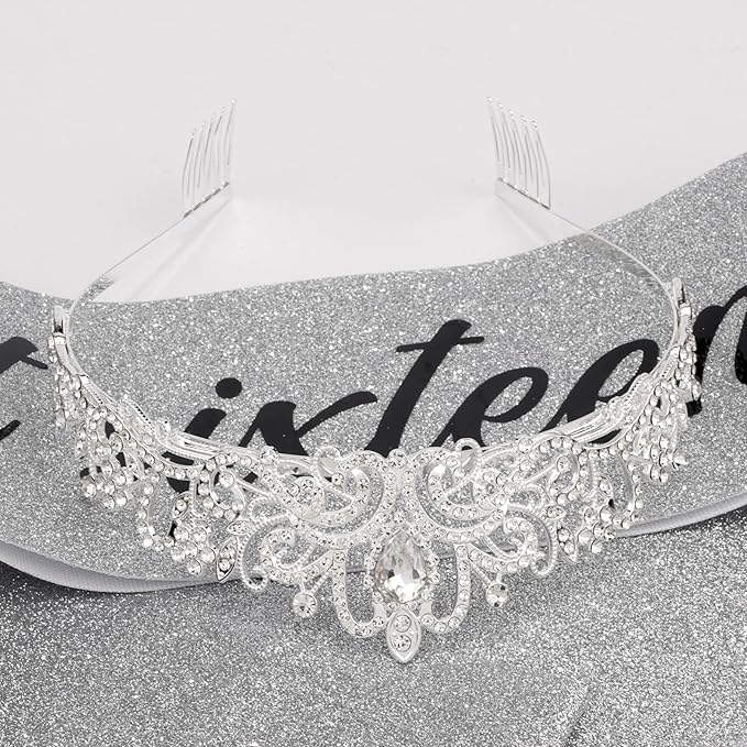 Sweet 16 Birthday Crown and Sash for Girls, Sweet 16th Sashes and Tiara Set, 16th Birthday Party Decorations for Women Accessories Gifts for Girl