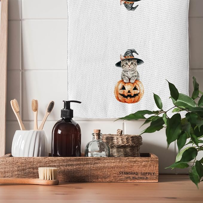 TNUW Halloween Witchy Cat Pumpkin Kitchen Towels 16x24 Inch, Cat Mom Lovers Gifts Dish Tea Towels for Kitchen, Halloween Witch Kitten Spooky Pumpkin Decorative Hand Towel for Bathroom Decor Catpumpkin
