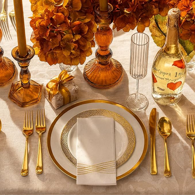 By Madee High End Thanksgiving Disposable Dinnerware Set - 175 Pcs 25 Guests – White & Gold Plastic Plates, Cutlery Linen Feel Napkins - Elegant and Effortless for Fall Holiday Hosting