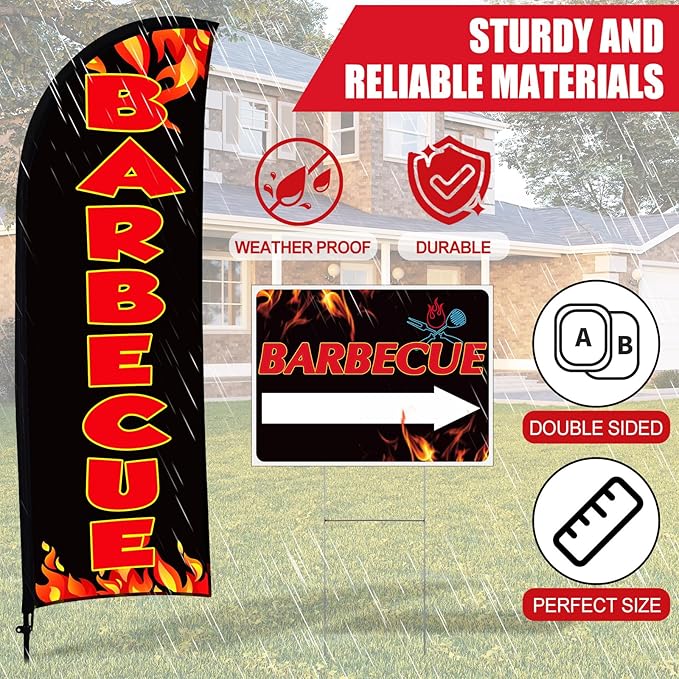 Buryeah BBQ Sign Banner Set Including 1 Pack Barbecue Feather Flag Banner 3 Pack Double Sided Directional Arrow Barbecue Yard Signs with Metal Stake for Business Advertising Outdoor Ground(Black)