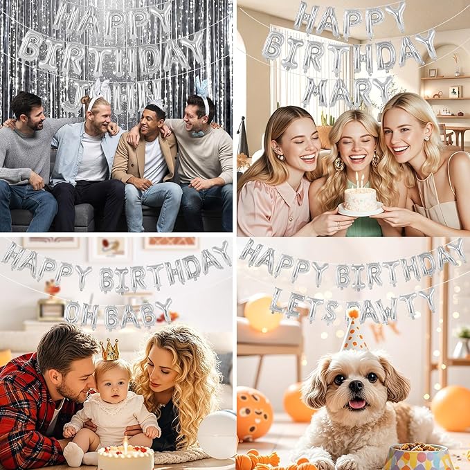 65 Pcs Silver Happy Birthday Balloons and 2 Sets A-Z Letters Foil Balloons, 16 Inch Personalized Name Happy Birthday Banners for Wedding Baby Shower Anniversary Party Decorations (Silver)