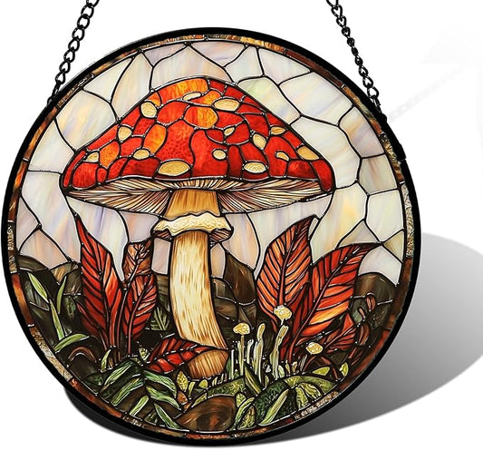 Stained Glass Window Hanging, Big Red Mushroom Suncatcher for Doors Home Sun Catchers Decoration and Christmas, Mother's Day Birthday Gifts for Women, Men, and Mom 11.8x11.8 in
