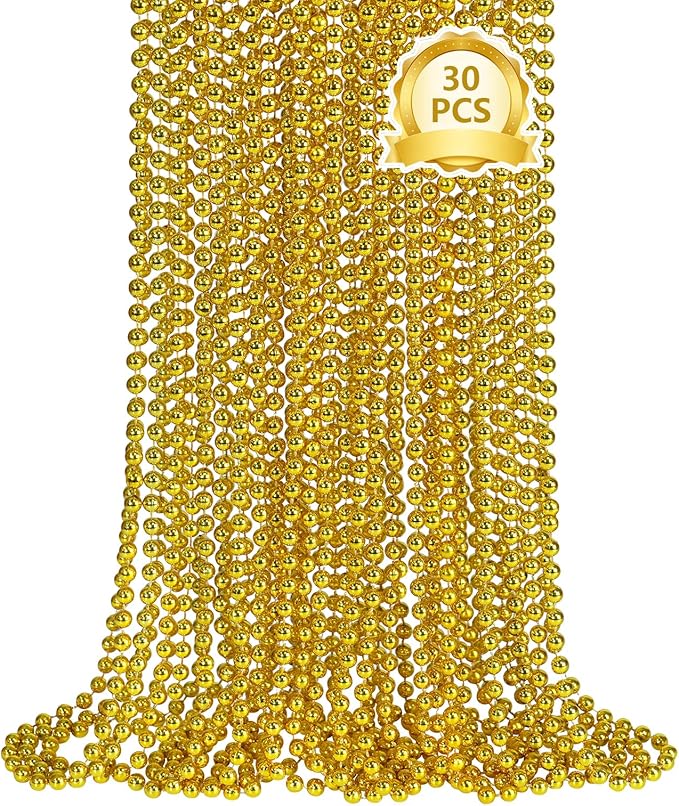 SHAOQINLIN 30 PCS Gold Bead Necklace, Gold Mardi Gras Christmas Beads Necklaces 33" Metallic Beaded Costume Necklaces Party Necklaces for Mardi Gras Parade Throws Wedding Birthday Pirate Party Favors