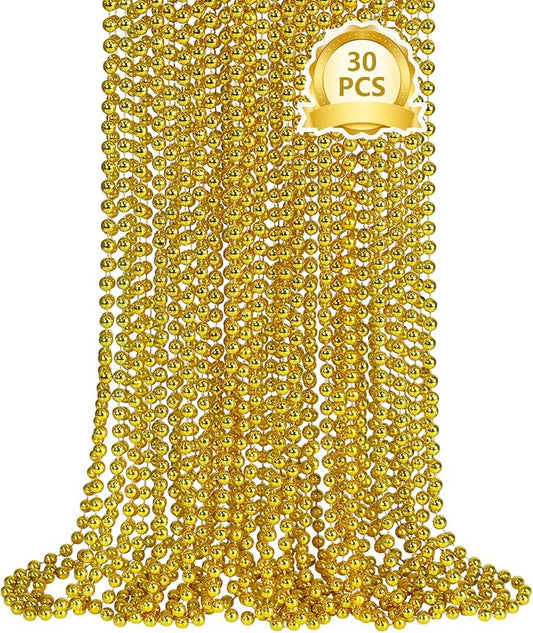 SHAOQINLIN 30 PCS Gold Bead Necklace, Gold Mardi Gras Christmas Beads Necklaces 33" Metallic Beaded Costume Necklaces Party Necklaces for Mardi Gras Parade Throws Wedding Birthday Pirate Party Favors