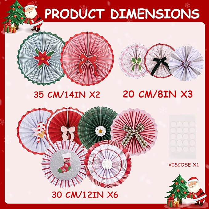 Christmas Paper Fans, 11 Pcs Hanging Xmas Paper Decorations, Hanging Xmas Decorations in Green, Red and White Holiday Party Decorations