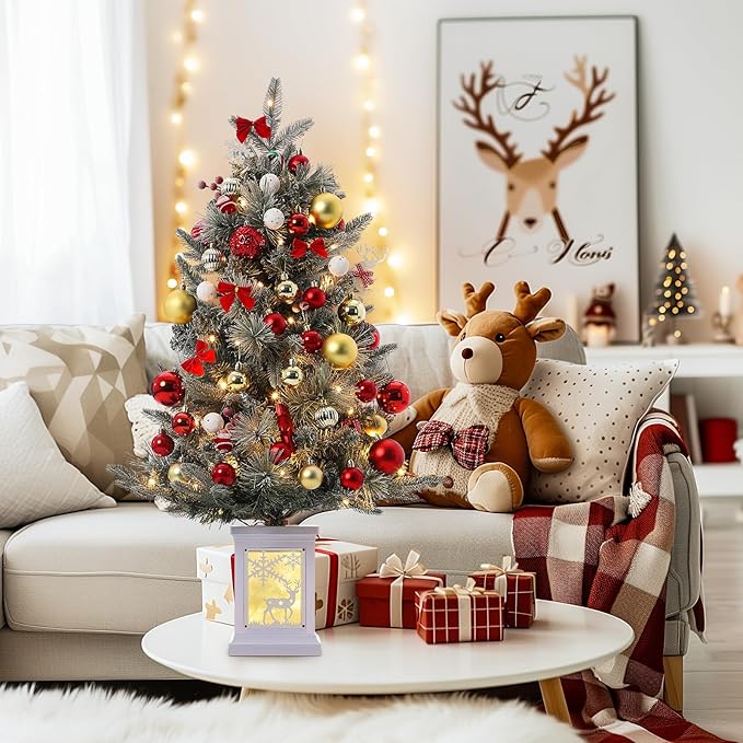 GarveeHome 3FT Prelit Christmas Tree with 78 Warm Lights & Red Berry, Artificial Xmas Trees with Elk Light Box Base, for Home, Office, Fireside Christmas Decoration, Set of 1