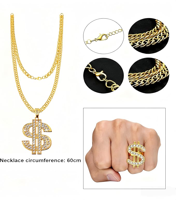 Gejoy Hip Hop Costume Kit 80s 90s Rapper Accessories Outfit for Men Women Sunglass Hat Chain Ring Halloween Party Decoration