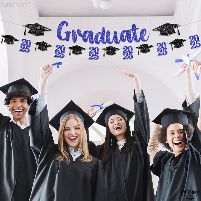 KatchOn, Glitter, Black and Blue Graduation Banner - 10 Feet | Congrats Grad Banner | Black and Blue Grad Decorations Class of 2025 | graduation Cap Garland | Graduation Decorations 2025
