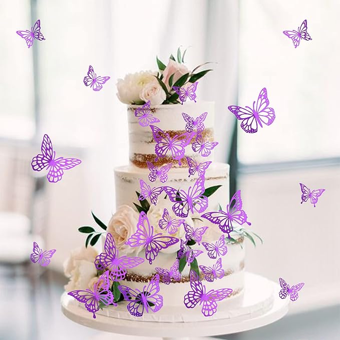 40 PCS Deep Purple Laser 3D Butterfly Cupcake Toppers - Hollow Arts Cake Decorations for Baby Shower, Wedding, Fairy Birthday Party Supplies - Wall Sticker Decoration Mixed Styles