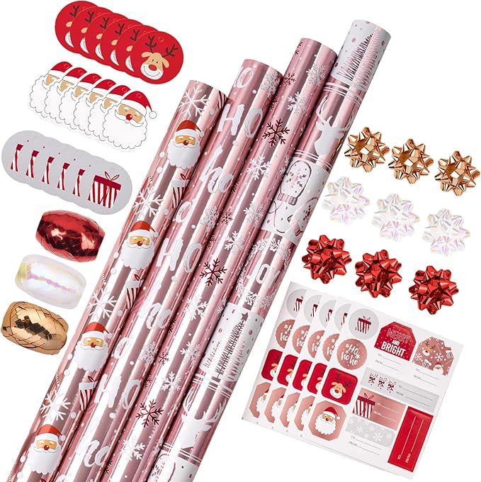 WRAPAHOLIC Christmas Wrapping Paper Set - Rose Gold Santa and Reindeer with Metallic Foil Shine Wrapping Paper Bundle with Gift Bow & Ribbon & Tag & Sticker