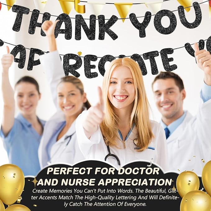 Fulmoon Pre Strung Thank You We Appreciate You Glitter Banner Funny Appreciation Banner for Employee Coworker Staff Teacher Thank Sign Party Decorations (Black)