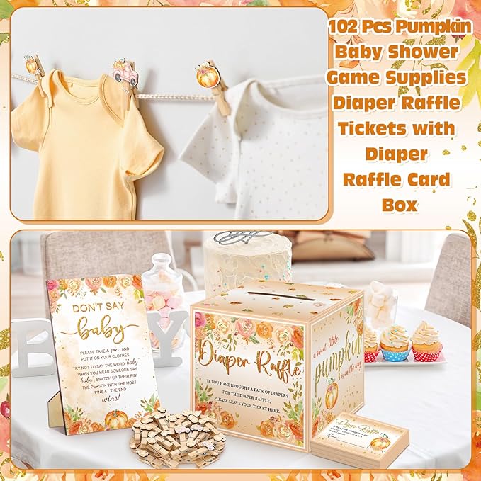102 Pcs Baby Shower Game Supplies Diaper Raffle Tickets with Diaper Raffle Card Box Don't Say Baby Sign Mini Clothespin Baby Shower Game Decor for Baby Shower Gender Reveal(Watercolor)