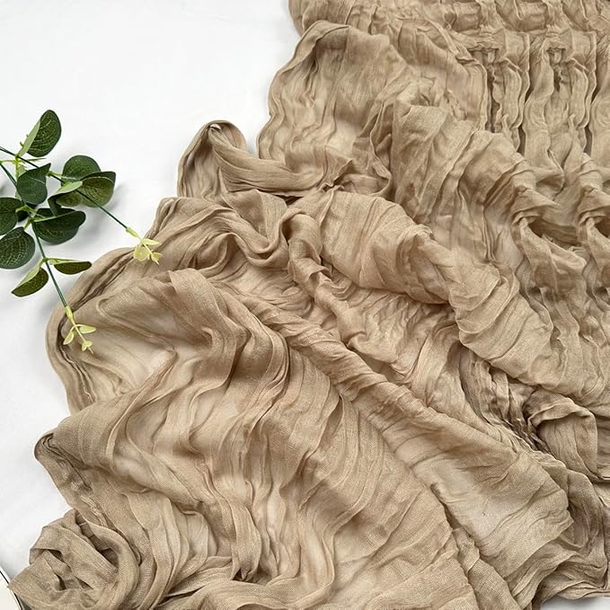Booque Valley Nude Cheesecloth Table Runner 120 Inch 10ft Super Soft Boho Wrinkled Gauze Sheer Cloth for Baby Shower Birthday Bridal Shower Wedding Centerpiece Table Decoration, 6 Pack, Tan