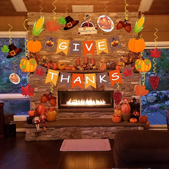 42Pcs Thanksgiving Decorations Pre-Assembled GIVE THANKS Banner Hanging Swirls for Indoor Home Party Office Classroom School Fall Decor