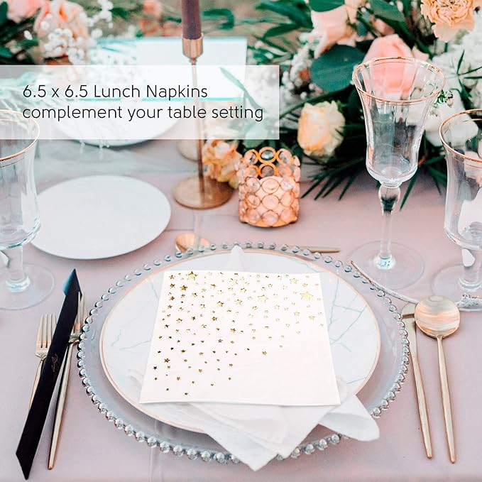 Stylish White and Gold Star Napkins - 50 Disposable Dinner Napkins, 6.5 x 6.5 Inch, Paper, Decorative for Parties