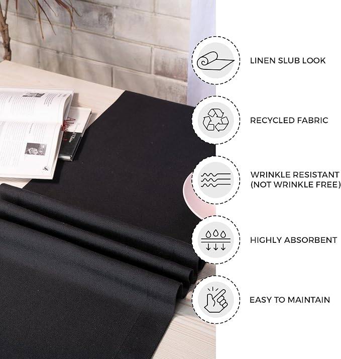 D'Moksha Homes Black Table Runner 14 x 90 Inch - Faux Linen Dining Table Runner 90 Inches Long - Wrinkle Resistant, Machine Washable for Fall, Thanksgiving, Holiday - 100% Recycled Fabric