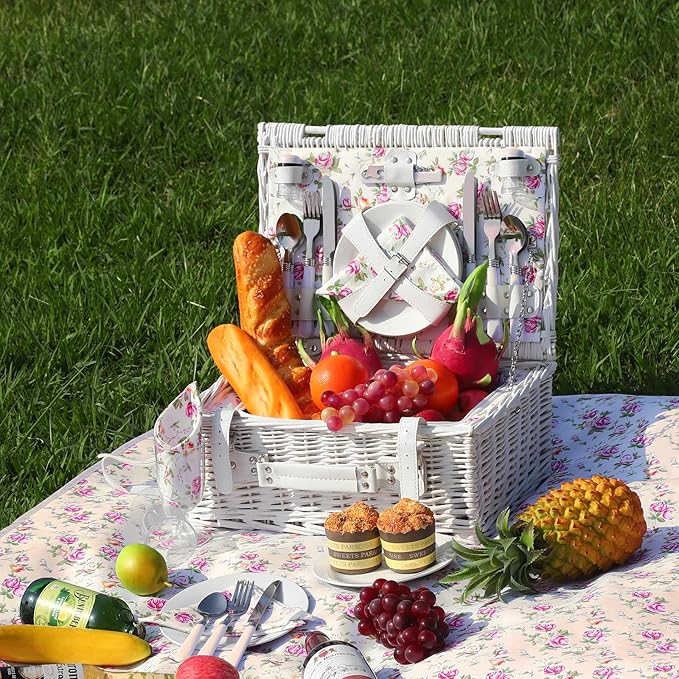 Picnic Basket Set for 4 with Waterproof Blanket Mat Insulation Bag Wicker Floral Elegant Classic Fresh White Pink Gift for Wedding Birthday Summer Camp Outdoor Camping Beach Travel Christmas
