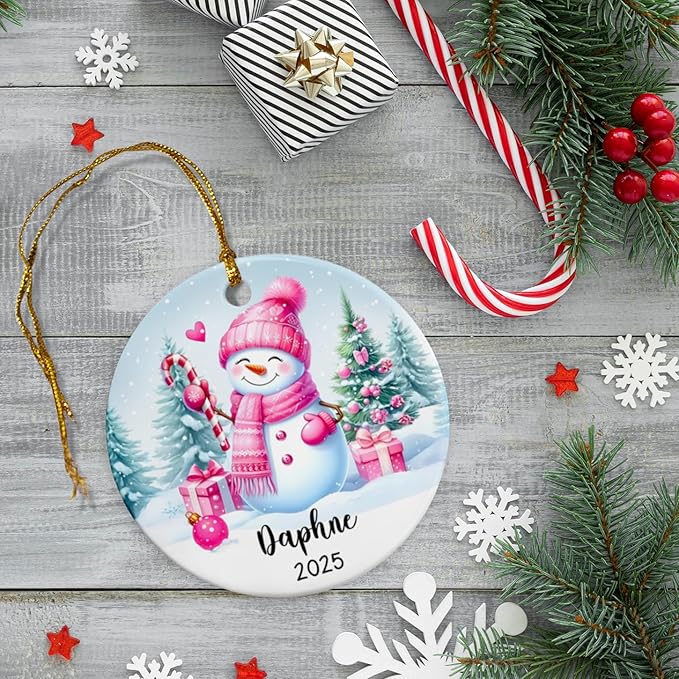 Personalized Pink Snowman Ceramic Christmas Ornament, Custom Name Snowman Lover Keepsake Gift for Kids Daughter Wife Her Girlfriend